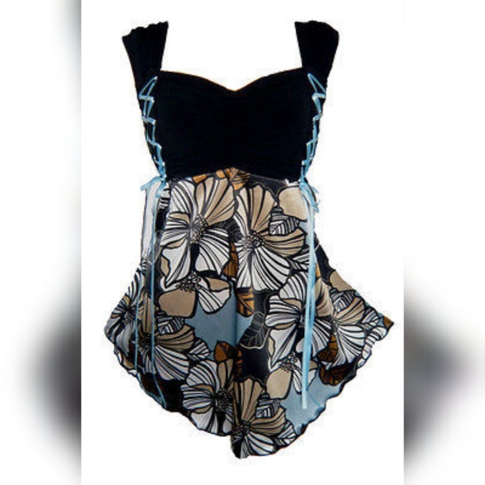 Dare to Wear 2X Hibiscus Print Cinch Lace-Up Top 16 18